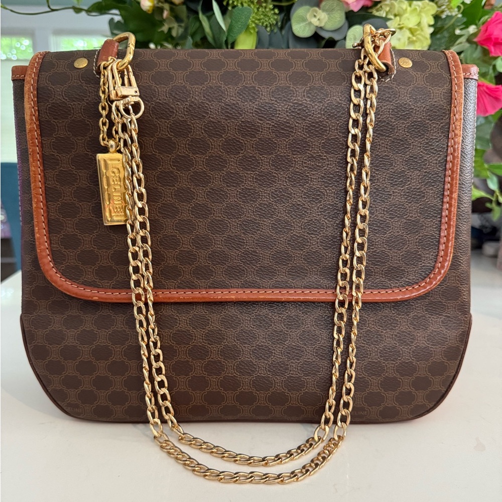 CELINE Macadam Handbag Shoulder 2way Bag & Charm w/Added Chain Strap ~ VINTAGE - Picture 2 of 16